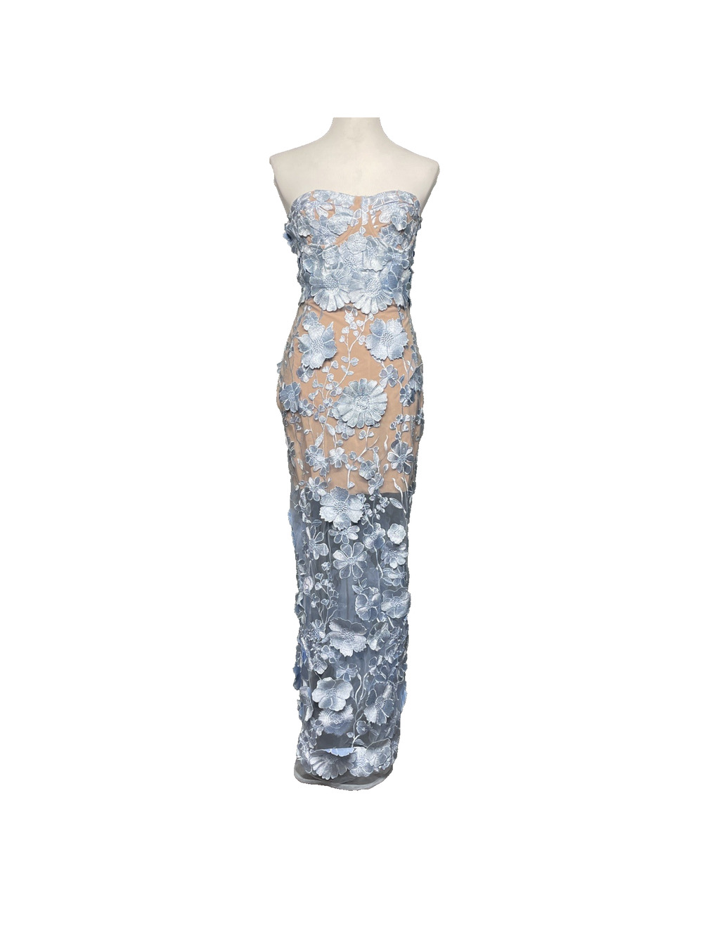 NWT Innovare Denim 3D Floral Lace Strapless Maxi Dress L Sheer Overlay Lt Blue
